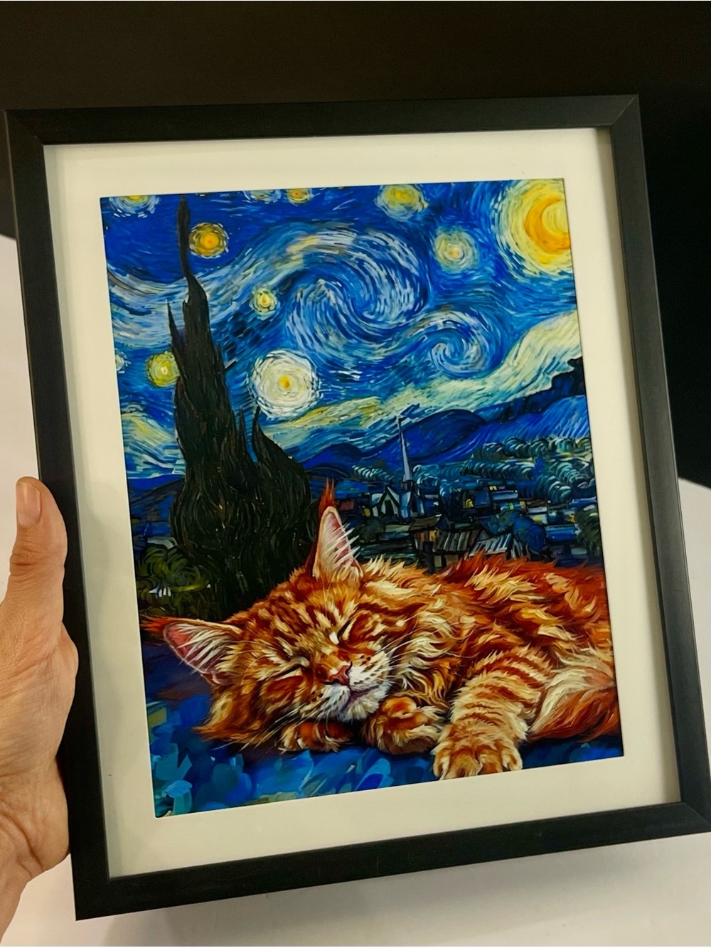Sleeping Maine Coon Cat in Van Gogh’s Starry Night – 10”x12” art Print